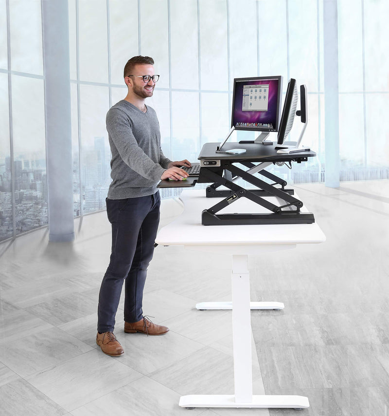 Seville Classics OFF65806 Airlift 36" Electric Height Adjustable Standing Desk Converter Workstation with 2.1A USB Charger Ergonomic Motorized Dual Monitor Riser, Full, Black