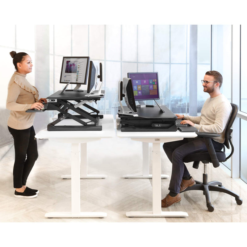 Seville Classics OFF65806 Airlift 36" Electric Height Adjustable Standing Desk Converter Workstation with 2.1A USB Charger Ergonomic Motorized Dual Monitor Riser, Full, Black
